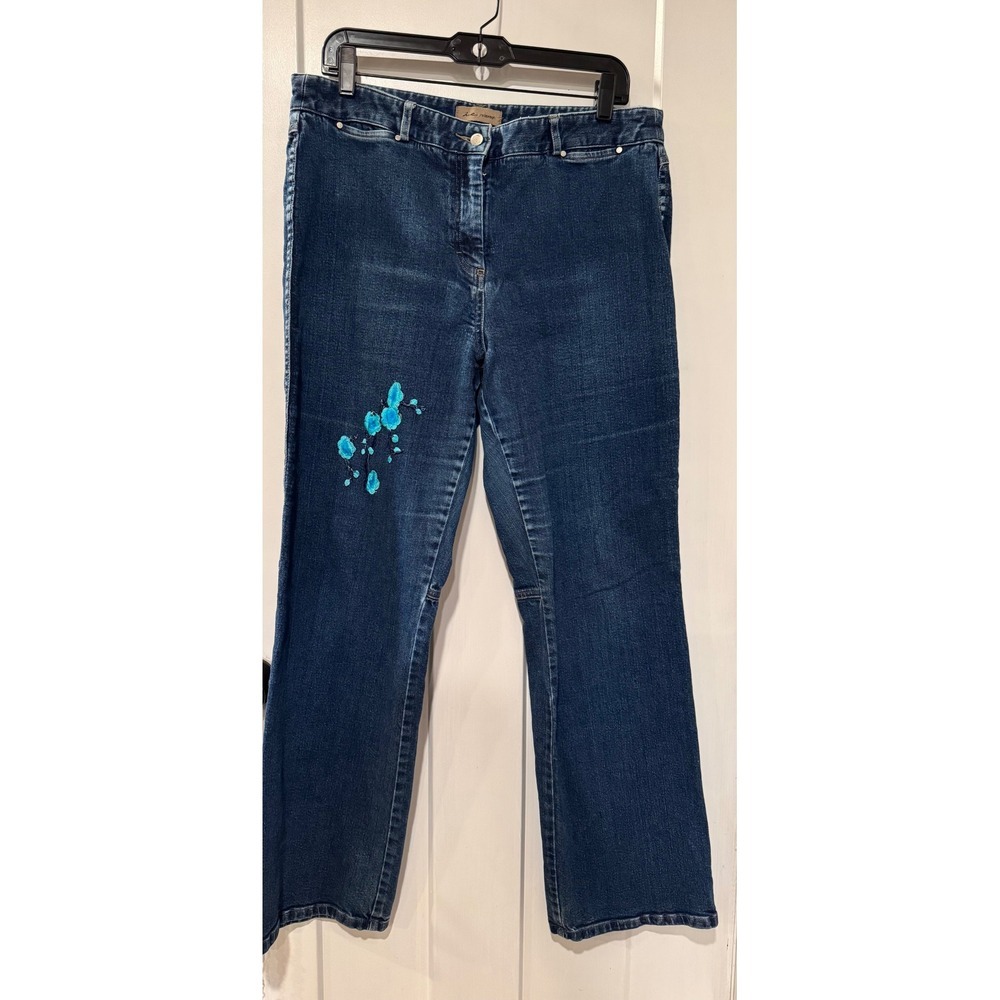 i.e. relaxed Dark Wash Floral Embroidered Straight Leg Jeans Teal Flowers sz 14 - Picture 2 of 15
